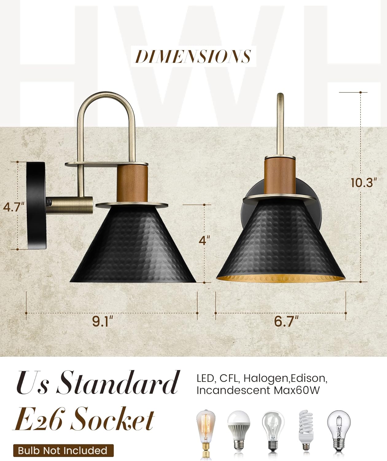 Modern Wall Sconces Set of Two, HWH Industrial Sconce Wall Lighting Indoor Wall Lamp, Gooseneck 1-Light Barn Vanity Light, Hammered Metal Shade, Black and Gold Finish, 5HZG74B-2 BK+BG