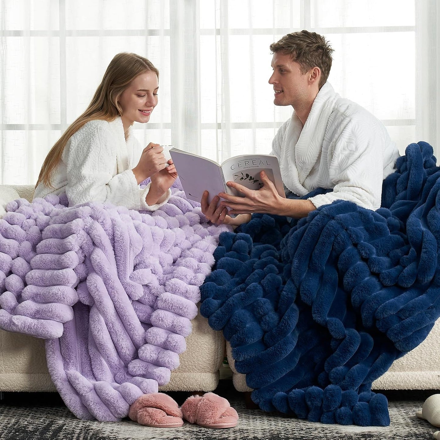 Cozy Bliss Faux Fur Throw Blanket for Couch, Cozy Warm Plush Striped Blanket for Sofa Bedroom Living Room,50 * 60 Inches Navy Blue