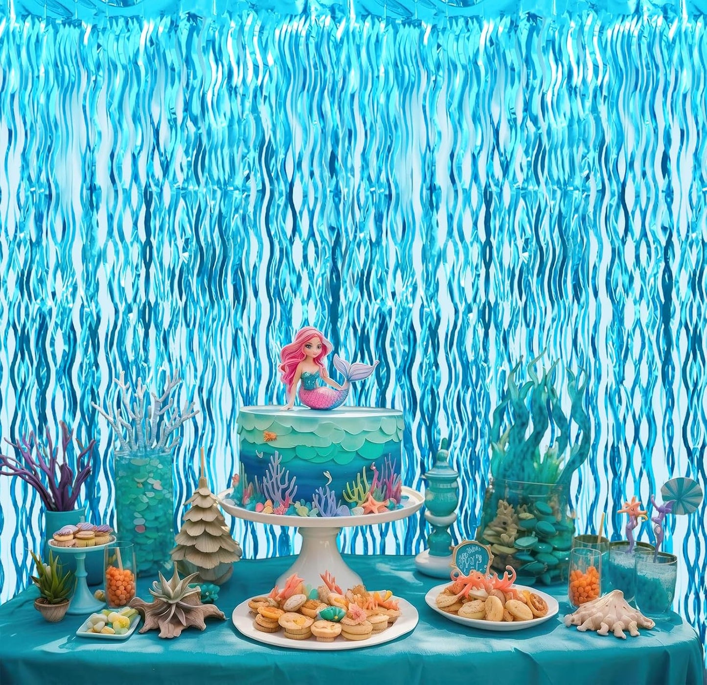 Goer Metallic Tinsel Foil Fringe Curtains for Party Photo Backdrop Wedding Decor (4 Pcs,Wavy Light Blue), One Size