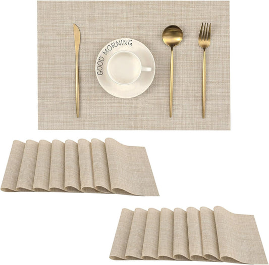 Leetaltree Beige Placemats Set of 16 - Heat Resistant Non-Slip Place mats for Dining Table, Washable Durable PVC Vinyl Woven Table Mats（Beige, 16）