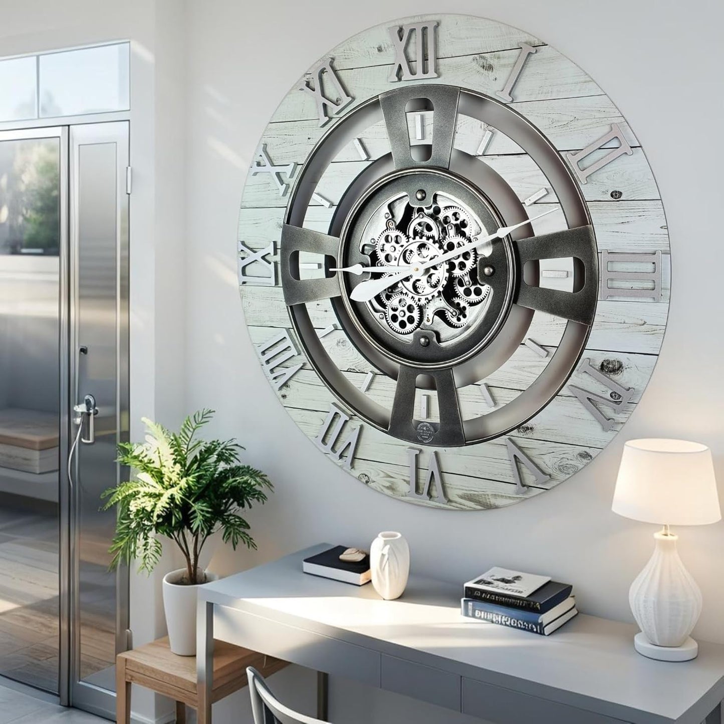 The Gears Clock Real Moving Gear Wall Clock England Line (White Farmhouse, 24 inches (60 cm))