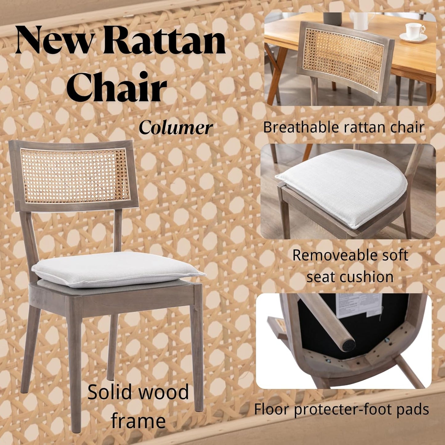 Rattan Dining Chairs Set Of 6 , Mid Century Modern Upholstered Cane Back Chairs with Removable Linen Cushion , Retro Farmhouse Natural Wooden Kitchen & Dining Room Chairs for Restaurant Living Room