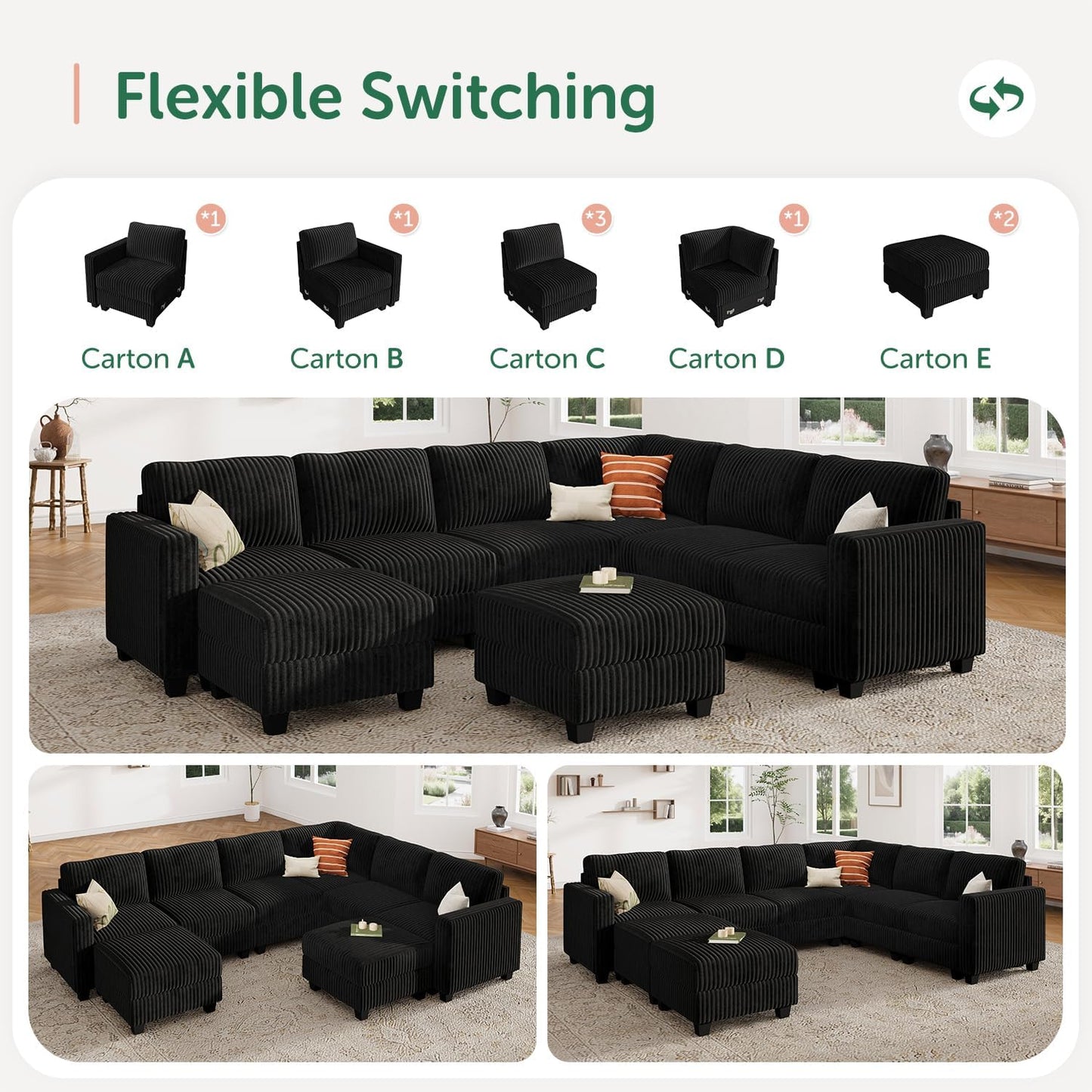 HONBAY Corduroy Sectional Couch with Storage U Shaped Sectional Sofa Modular Sectional Couches for Living Room, Black