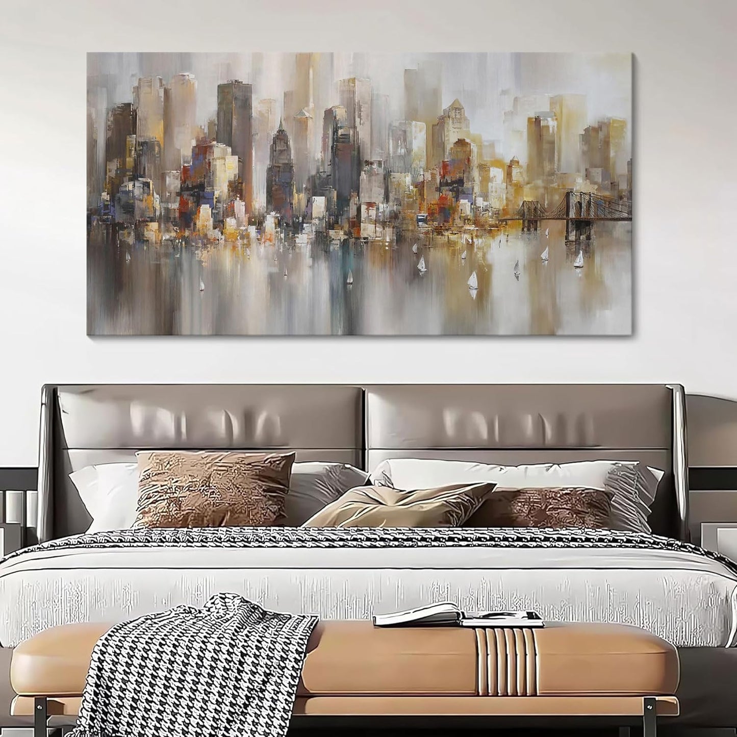 New York City Wall Art - Modern Abstract Wall Art for Living Room, Office & Bedroom Cityscape & Paintings for Bedroom brooklyn bridge Wall Art Pictures Wall Decor Chicago Artwork for Walls 29×58IN