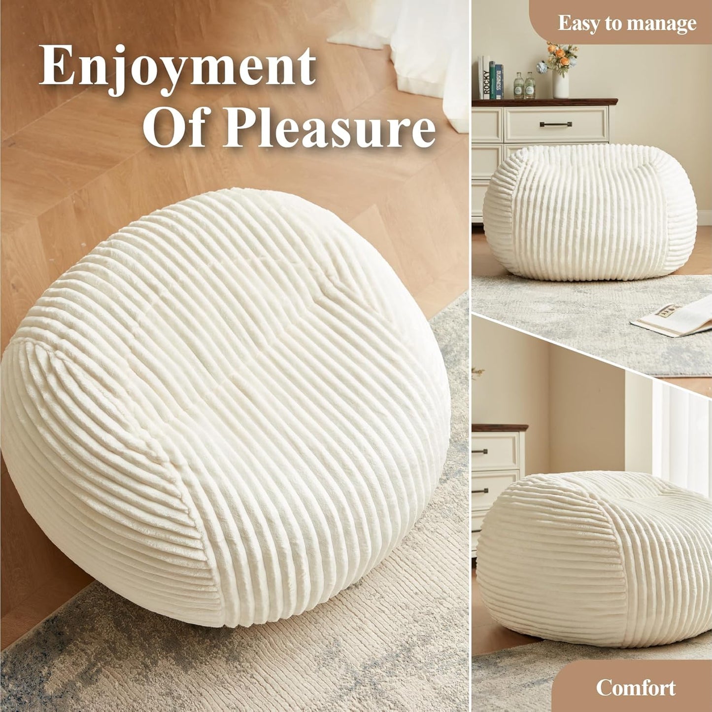 Premium Beige Bean Bag Chair for Adults with Armrest- Ultra Plush Memory Foam Lounge Sofa & Comfy Reading Nook Chair for Bedroom, Living Room & Dorm (White, 4FT)