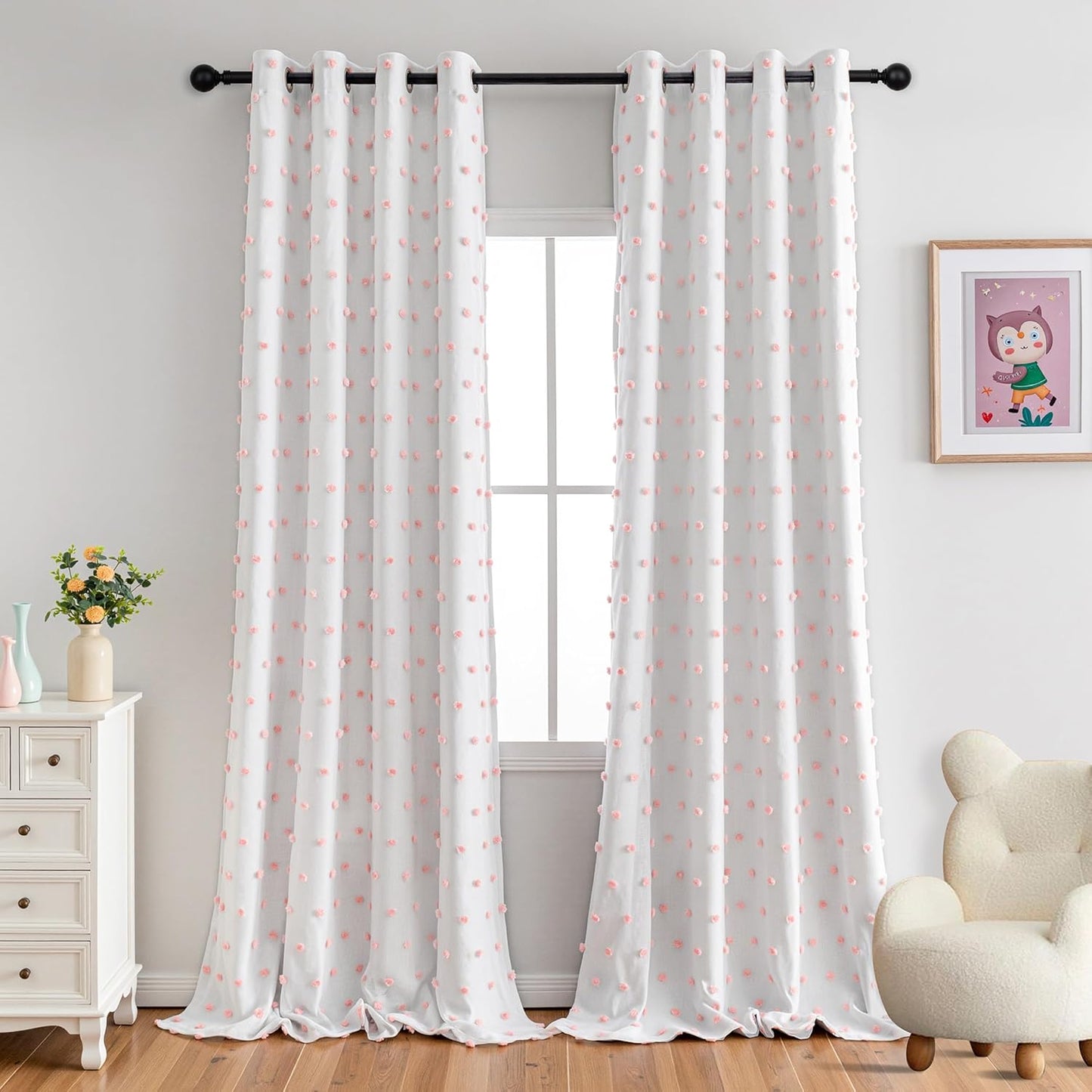 MYSKY HOME Total Blackout Curtains for Living Room 108 Inch Long 100% Light Blocking Curtains for Bedroom 2 Panels Set Privacy Protect Grommet 2 Layered Drapes with Pink Pom Pom Sheer 52W x 108L