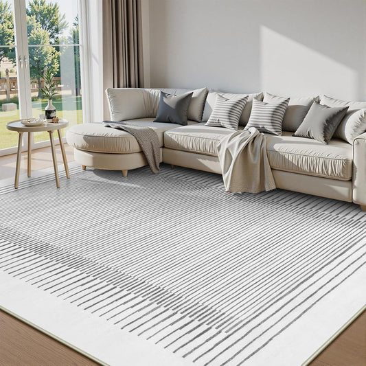 Wonnitar Washable Striped 8x10 Rugs for Living Room, Non-Slip Soft Grey Berber Stripe Bedroom Rug, Low Pile Minimalist Floor Carpet for Dining Room Living Room Office Department (Grey, 8' x 10')