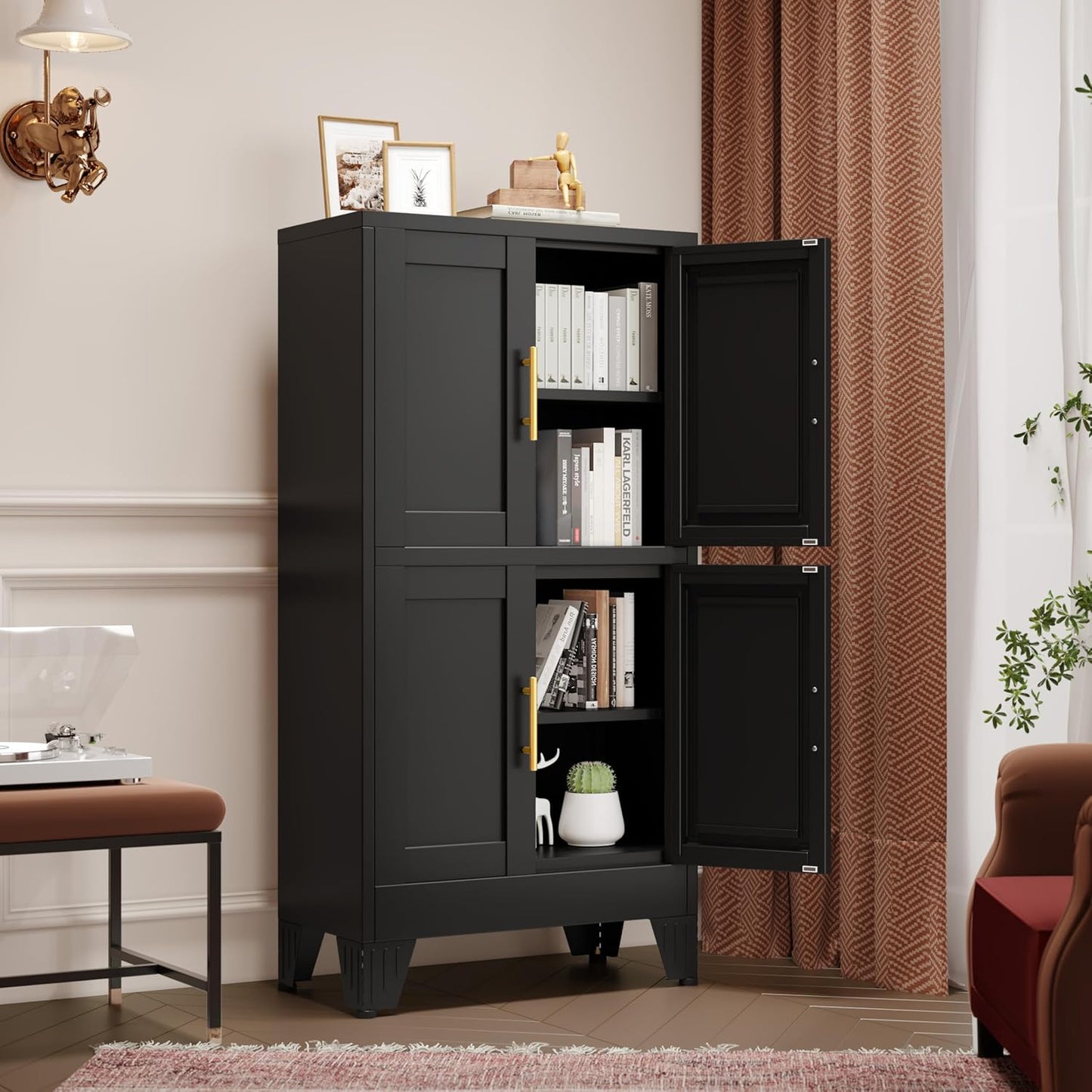 47.25" Metal Storage Cabinet, Black Kitchen Food Storage with 4 Door and 2 Adjustable Shelves, Freestanding Bathroom Cabinet, Pantry for Kitchen Dinning Room, Cupboard