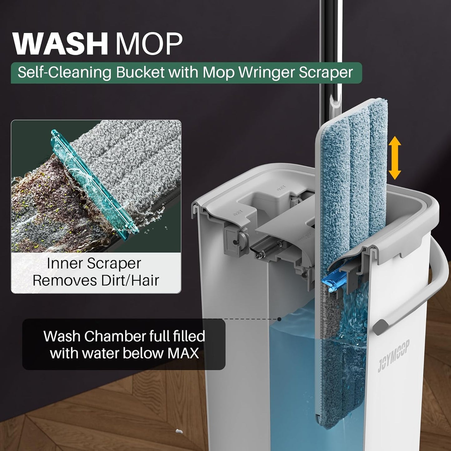 JOYMOOP Mop and Bucket Set, Dust Mops for Floor Cleaning, Wall Mop with 2 Microfiber Mop Head Replacement