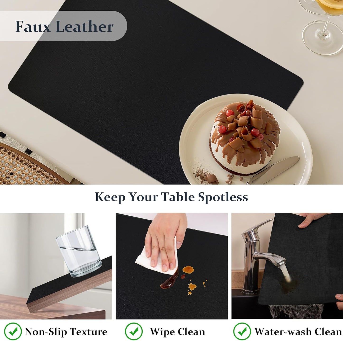 FROMHEART Faux Leather Placemats Set of 8–Waterproof,Heat/Oil Stain-Resistant PU Table Mat–Reversible,Non-Slip,Easy to Clean Place Mats for Kitchen,Dining,Indoor/Outdoor,(Black,11.8" x 17")