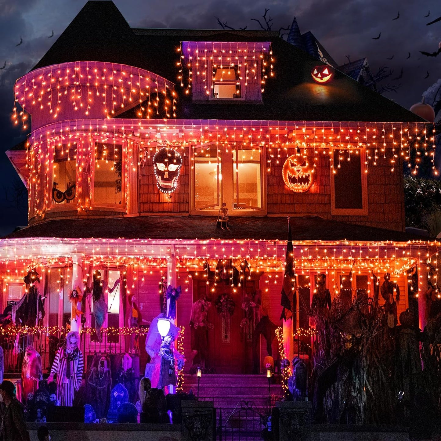 Orange Halloween Lights Outdoor, 33FT 400 LED Icicle Lights for Outside with 8 Modes Waterproof, Plug in Connectable Twinkle String Light for Indoor House Yard Patio Party Holiday Decorations