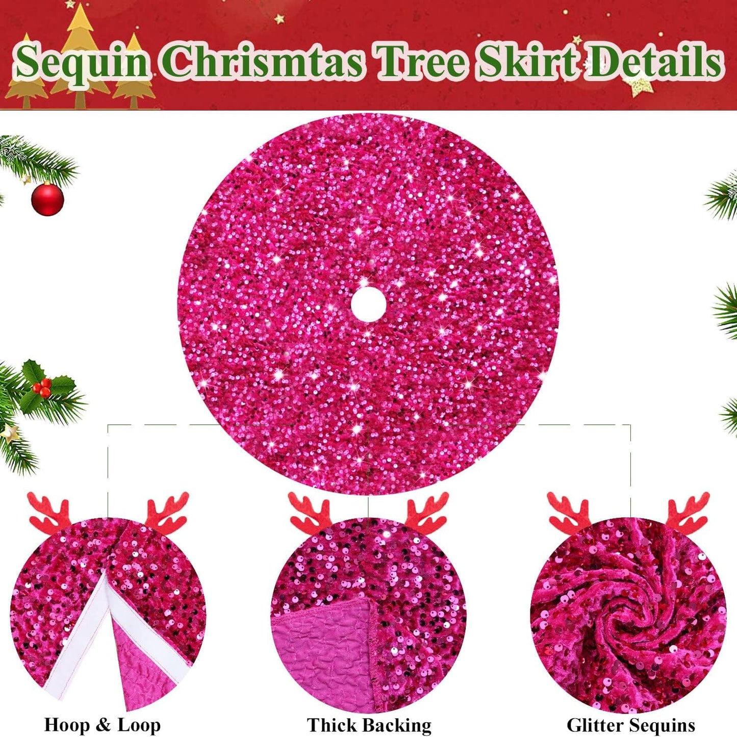 MODFUNS Hot Pink Sequin Christmas Tree Skirt 48 Inches Sparkly Tree Skirt Large Velvet Xmas Tree Mat Shiny Christmas Tree Covers Luxury Xmas Tree Skirt Christmas Day Home Artificial Tree Blanket