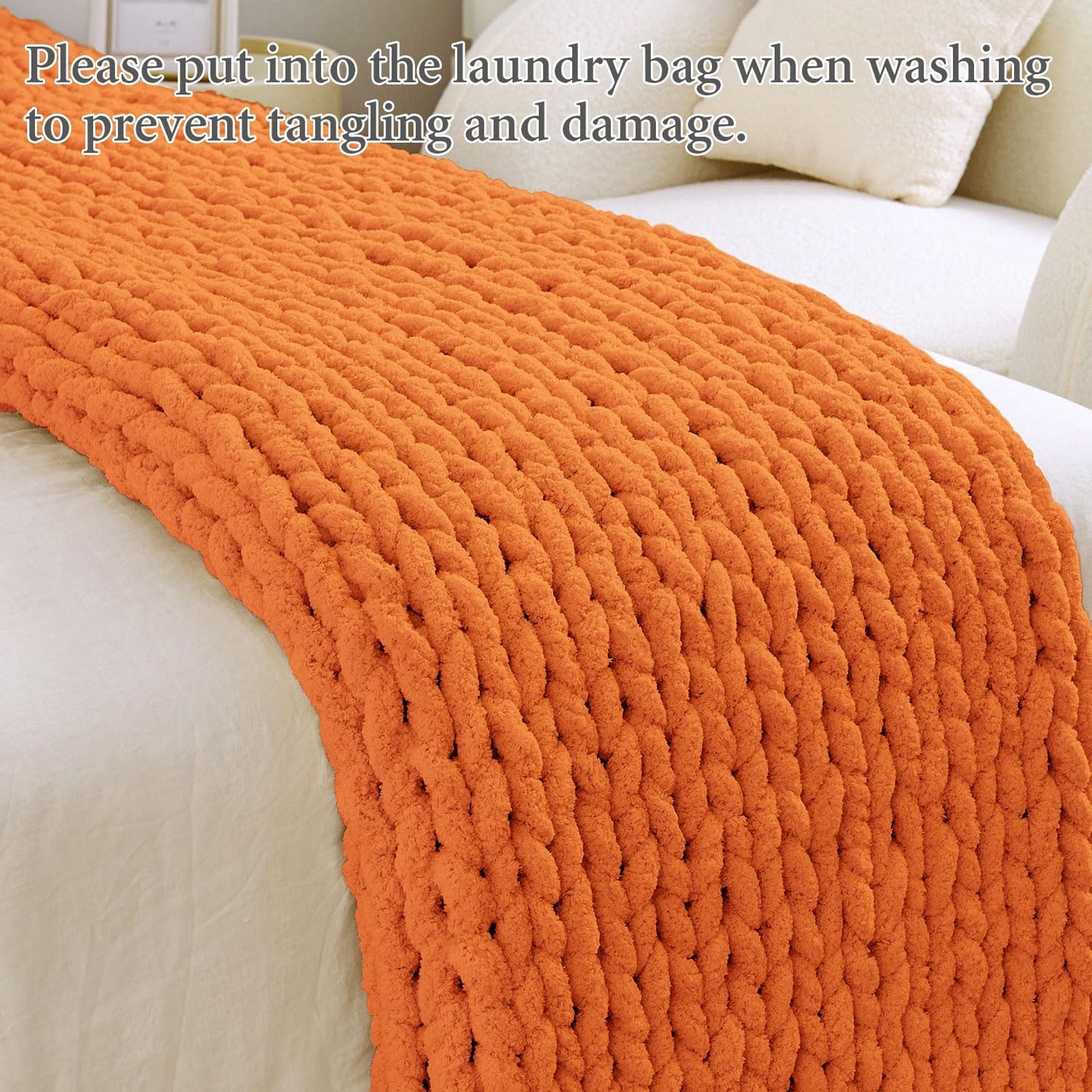 Admitrack Chunky Knit Blanket Throw, 100% Hand Knit Chenille Throw Blanket for Sofa & Home Decor, Soft and Cozy Knitted Throw Blankets (Orange, 51"x63")