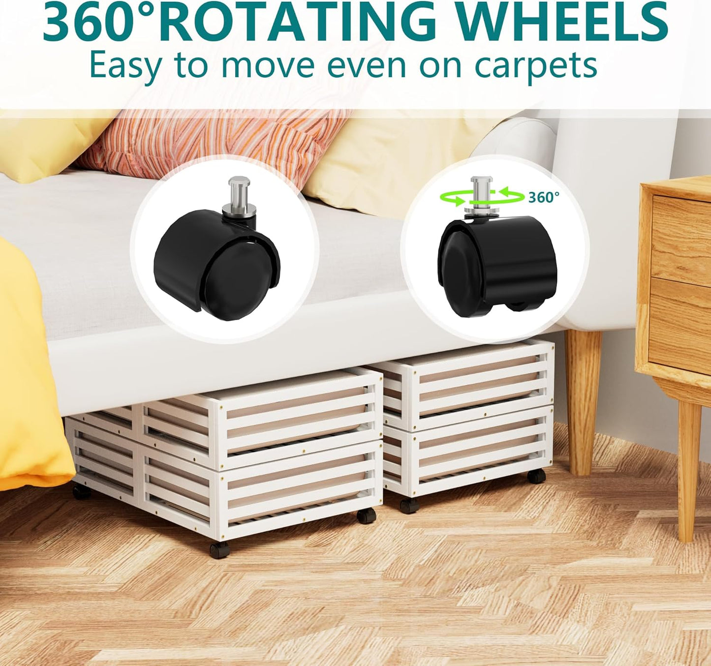 Bamboo Under Bed Storage Containers- Underbed Organizer with Wheels with Large Dust Bag,Sturdy Wood Rolling Under the Bed Shoe Storage Organizer Drawer 2 Packs (White, Small)