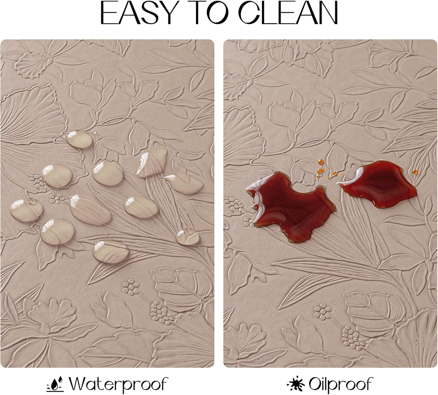 Romanstile Vinyl Placemats Set of 8-12 X 18 Inch - Heat Resistant Non-Slip Embossed Floral Place Mats 100% Waterproof Oilproof Wipeable Faux Leather Table Mats for Kitchen/Dining/Party, Khaki