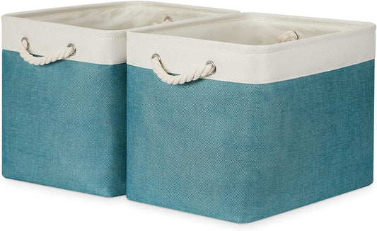 Bidtakay Foldable Storage Bins Set of 2 Tall Cloth Baskets 16" X 11.8" X 11.8" Decorative Organizers for Linen Closet (White & Teal)