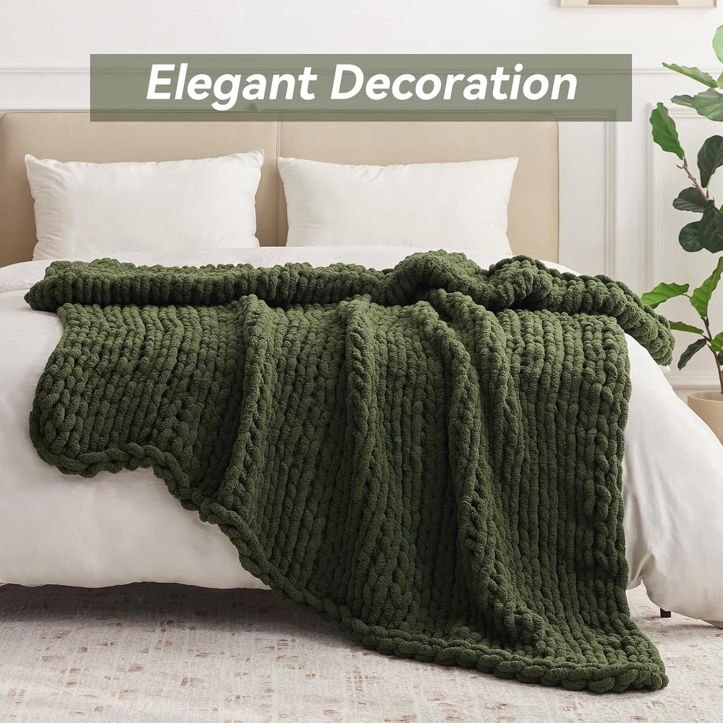 Chunky Knit Throw Blanket, 60''*80'' Knitted Throw Chenille Yarn for Bed Couch, Handmade Green Crochet Big Thick Blanket, Machine Washable Cute Comfy Blanket for Home Decor