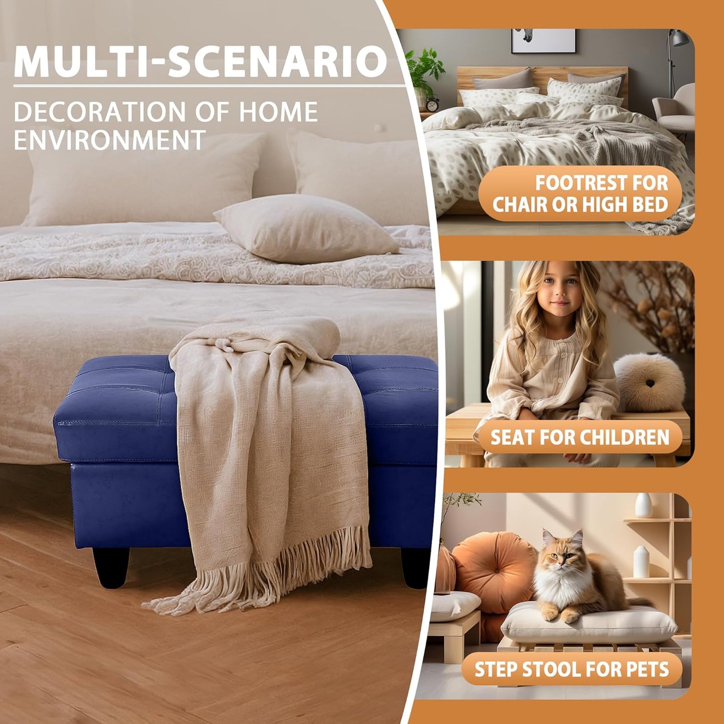 Ottoman Rectangular Storage Ottoman Bench, Faux Leather Footrest, Coffee Table, Stool Footstool with Hinged Lid for Living Room, Bedroom, Entryway, Blue, 35"x23.5"x17.5"