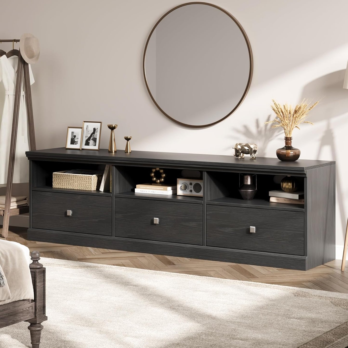 IDEALHOUSE 70in TV Stand for TVs up to 80", Mid Century Modern Entertainment Center with Storage Drawer and Open Shelves, TV Console Media Cabinet for Living Room, Bedroom, Black