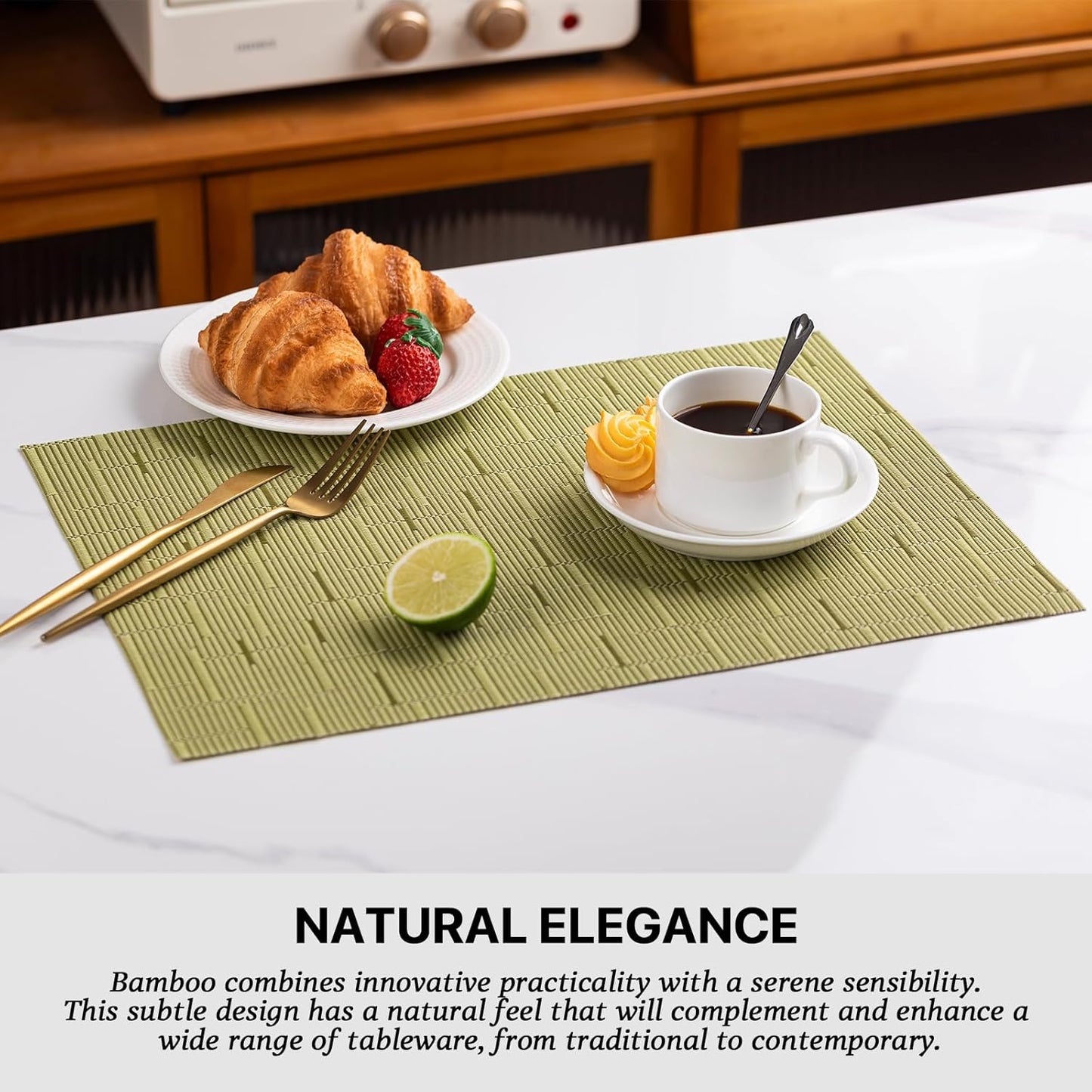 LEXMORE Placemats Set of 6 Vinyl/Plastic Woven Place Mats for Kitchen Table Indoor/Outdoor Washable Placemat Wipeable Dining Table Mats(Pea Green)