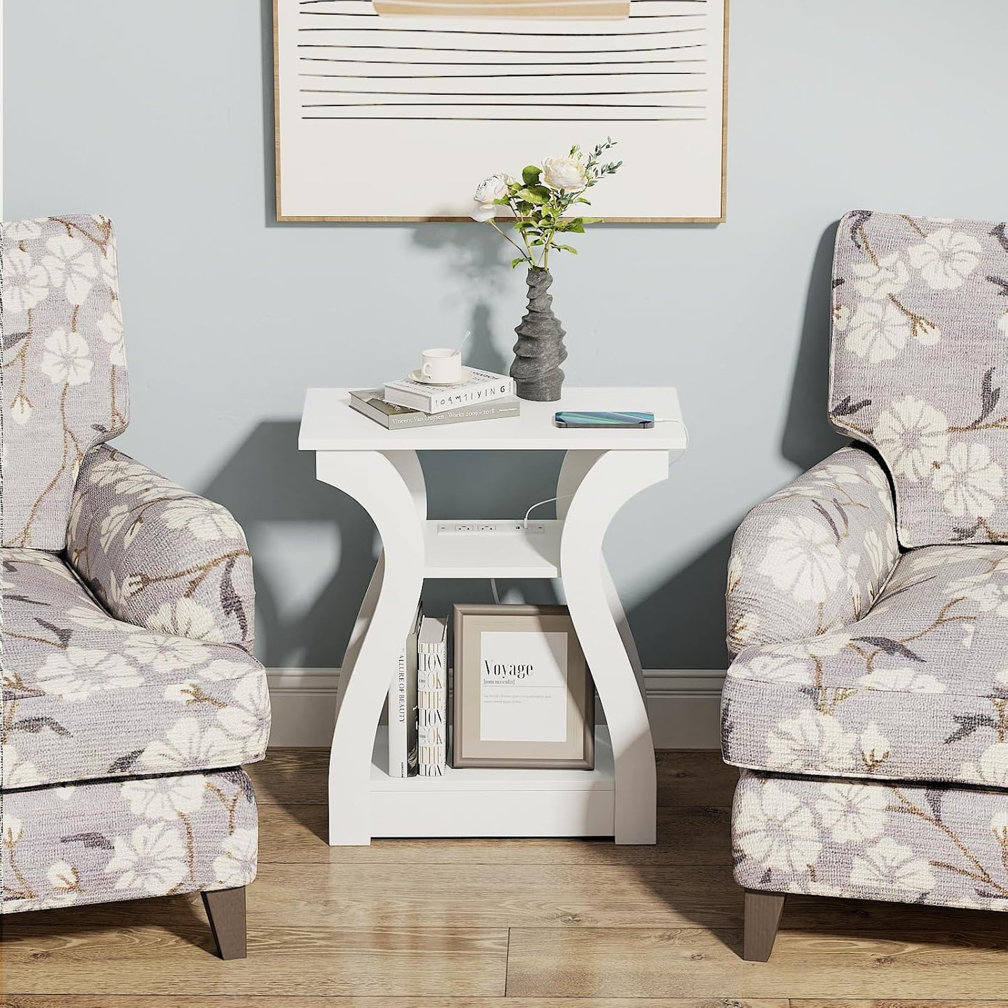 End Tables Living Room, White End Table with Charging Station,White Side Table, Nightstand for Bedroom, 3 Tier End Table with Storage Shelf for Living Room