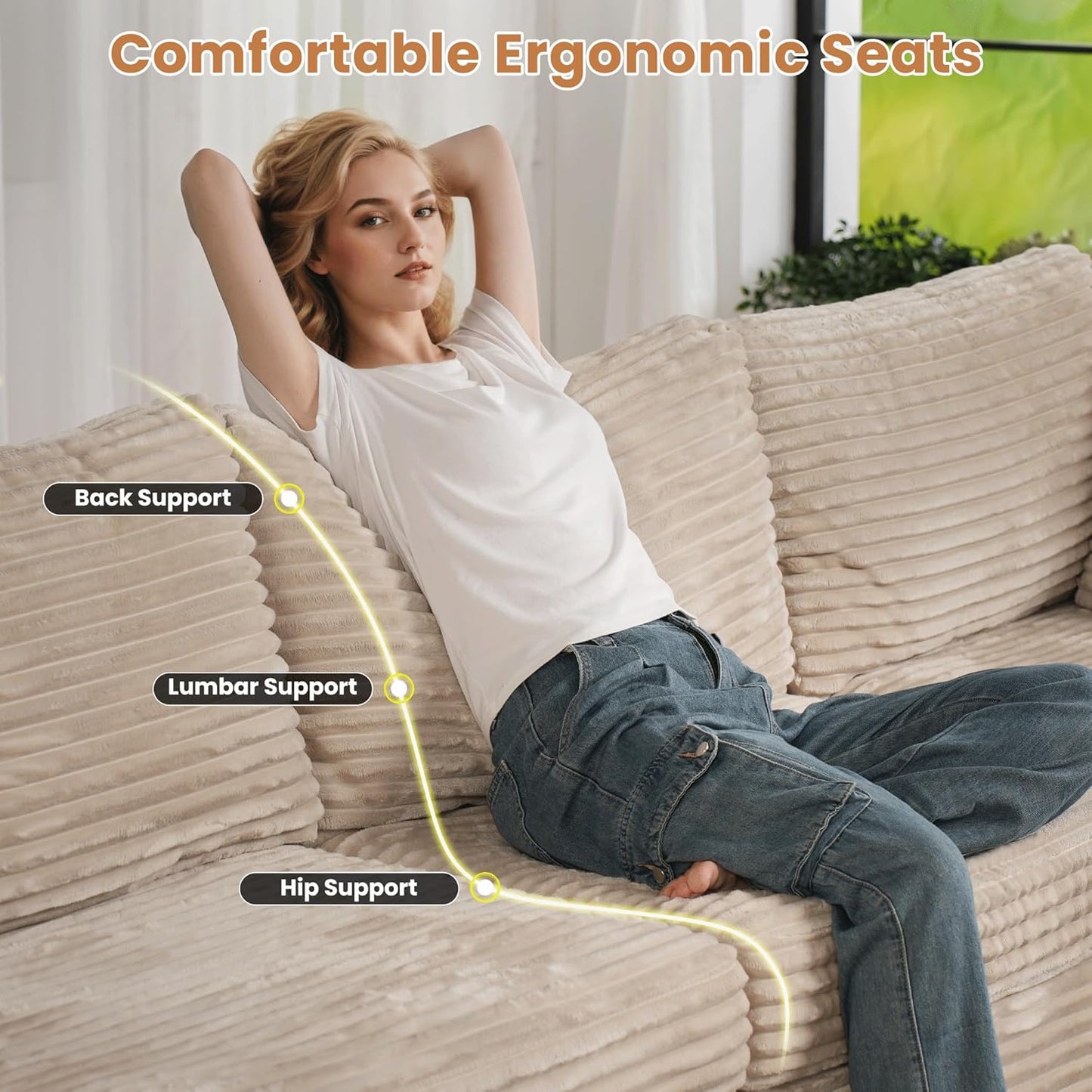 ovios Sectional Sofa Couch with U-Shape Chaise Oversized, Comfy Modular Cloud Couches with Deep Seat, Modern Upholstered Plush Corduroy Sofas Set for Living Room, 7-Seater, Beige