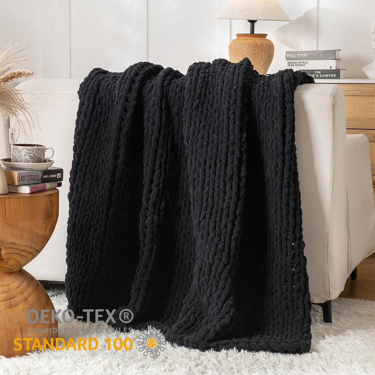 Chunky Knit Blanket Throw, 100% Hand Knit Throw Blanket Handmade Chenille Cable Knit Throw for Couch, Stylish Cozy Soft Rope Knot Crochet Blanket for Home Decor, Black, 50x60 Inches