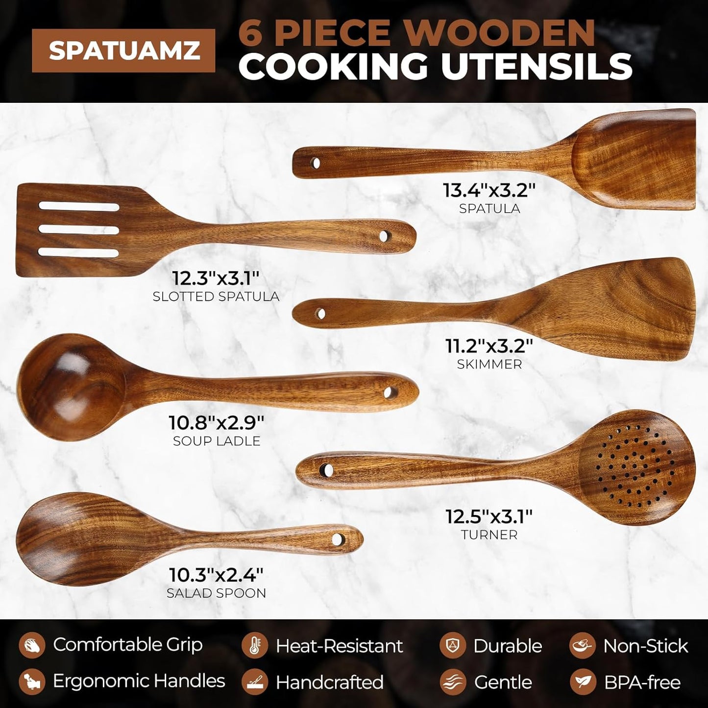SPATUAMZ Wooden Cooking Spoons, Ladle and Spatula, Fine Polished Teak Wood Cooking Utensils Set of 6, Nonstick Wooden Kitchen Spoon & Spatula Set