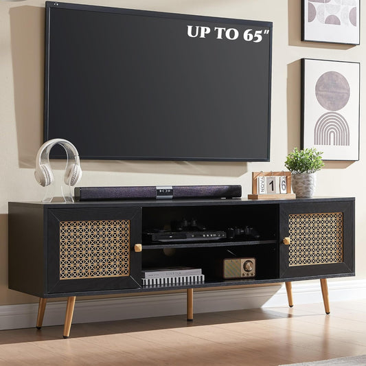Mid Century Modern TV Stand for 65 inch TV, Entertainment Center with Storage, Metal Mesh Decorated Cabinet Doors for Living Room, Black
