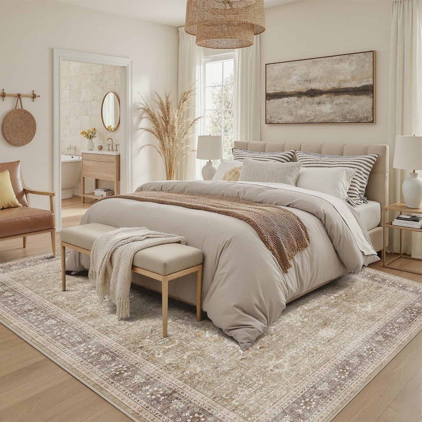 DCX Machine Washable Brown and Beige Area Rug 5x7, Non Slip Stain Resistant Vintage Rug for Living Room Diningroom Bedroom Nursery, Soft Low Pile Large Carpet