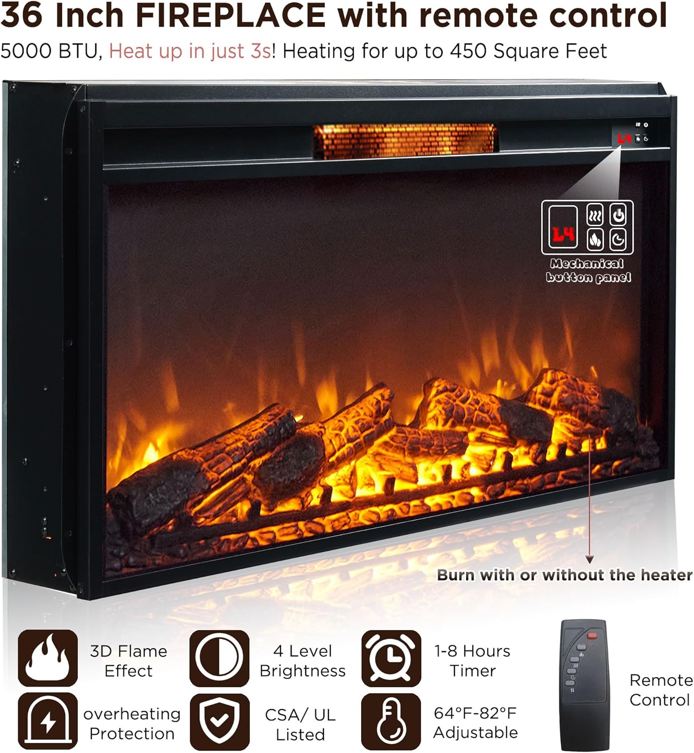 Fireplace TV Stand for 80 Inch TV, 35.7" Tall Farmhouse Entertainment Center W/36'' Electric Fireplace, Media Console with Large Storage Cabinets and Drawers for Living Room, Antique White