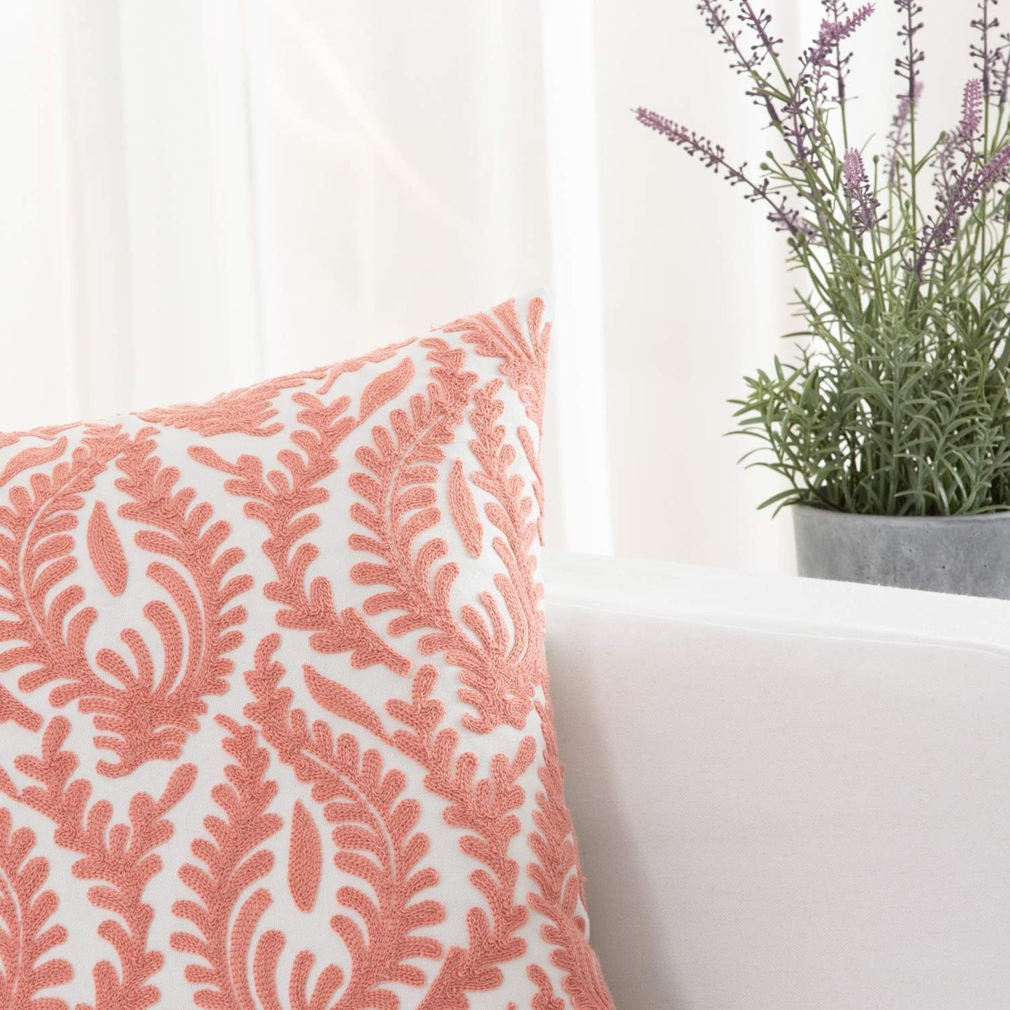 HWY 50 Coral Pink Decorative Throw Pillow Covers 18x18 Inch (1 Piece), Embroidered Cotton Farmhouse Cushion Cover Pillow Case for Sofa Couch Living Room Bed Bedroon, Floral Branches