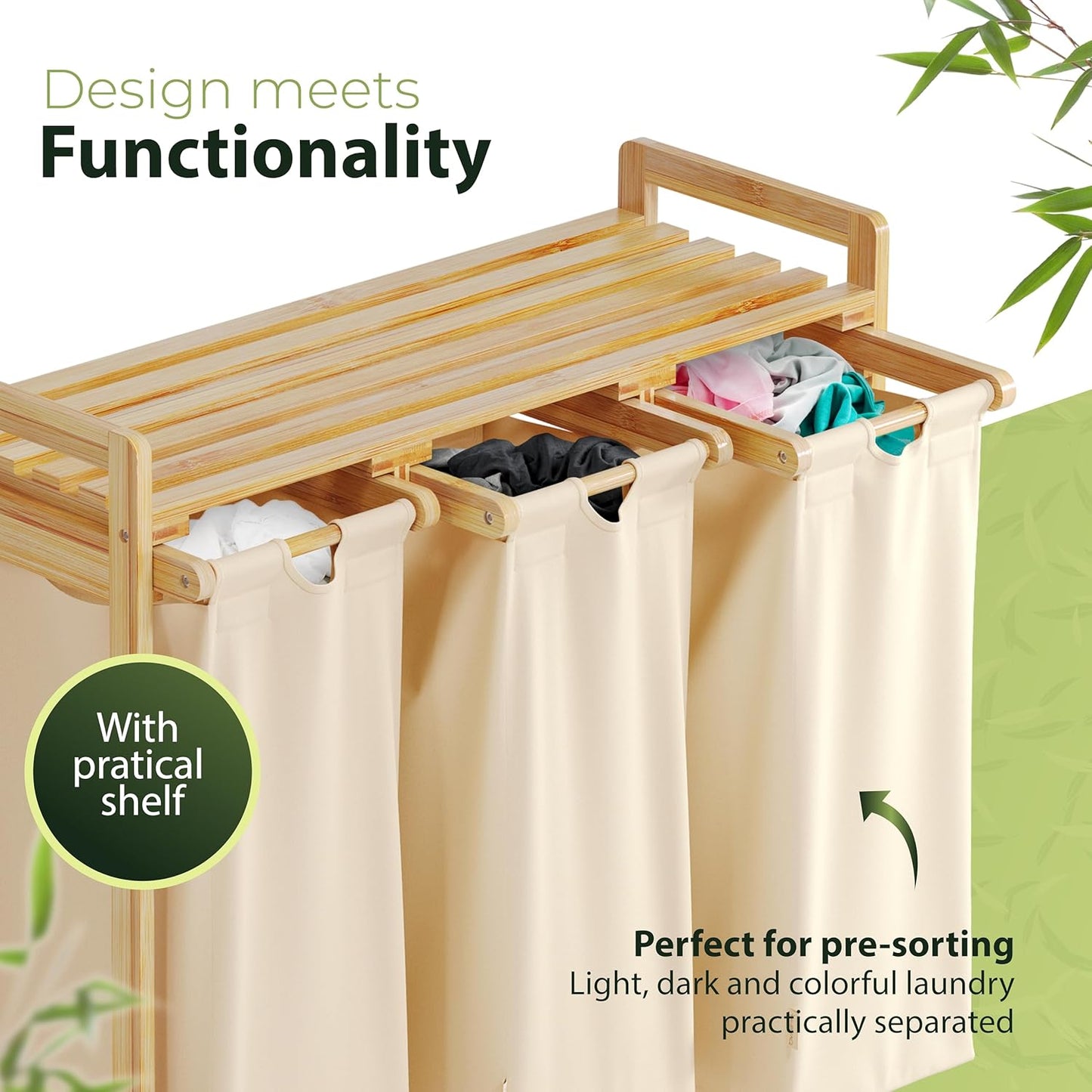 Laundry basket with wheels beige - Large Bamboo Laundry Sorter with Removable Cotton Bags - 3 Section laundry room organization - Durable, Eco-Friendly, and Stylish Storage Solution for Home
