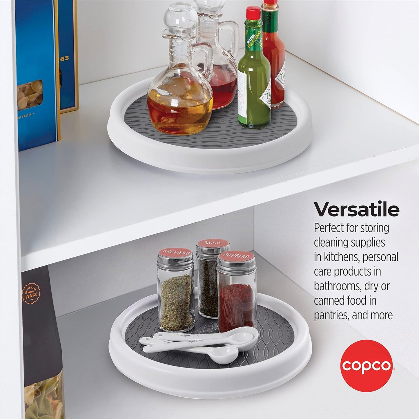Copco 9 Inch Non Skid Pantry Cabinet Lazy Susan Turntable, Set of 2, Spinning Organizer for Kitchen, Countertop, or Bathroom, White and Gray