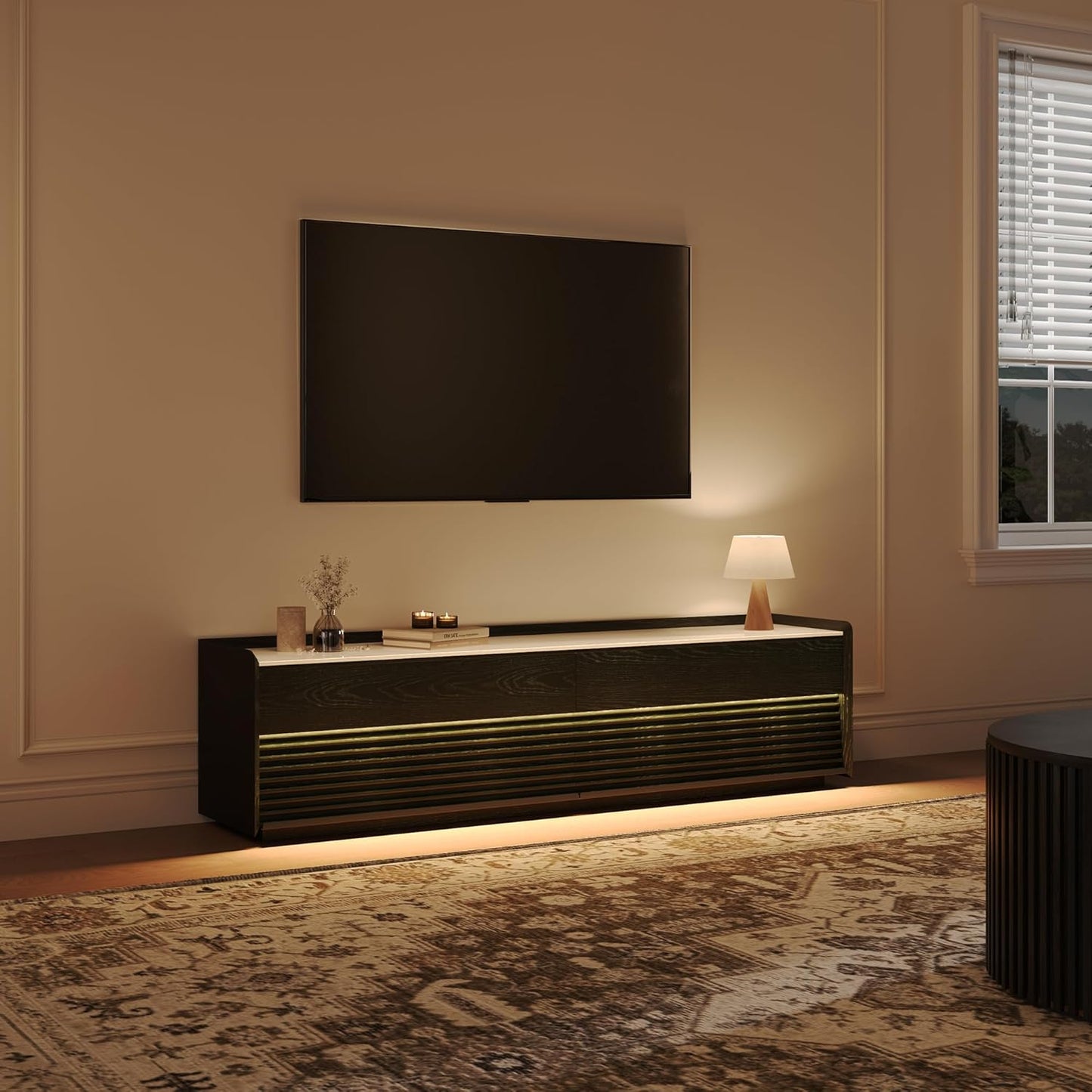 POVISON Fully-Assembled Mid Century Glossy Sintered Stone TV Stand, 70.87" Wood Media Console with Adjustable LED Light, Entertainment Center with Storage for Living Room