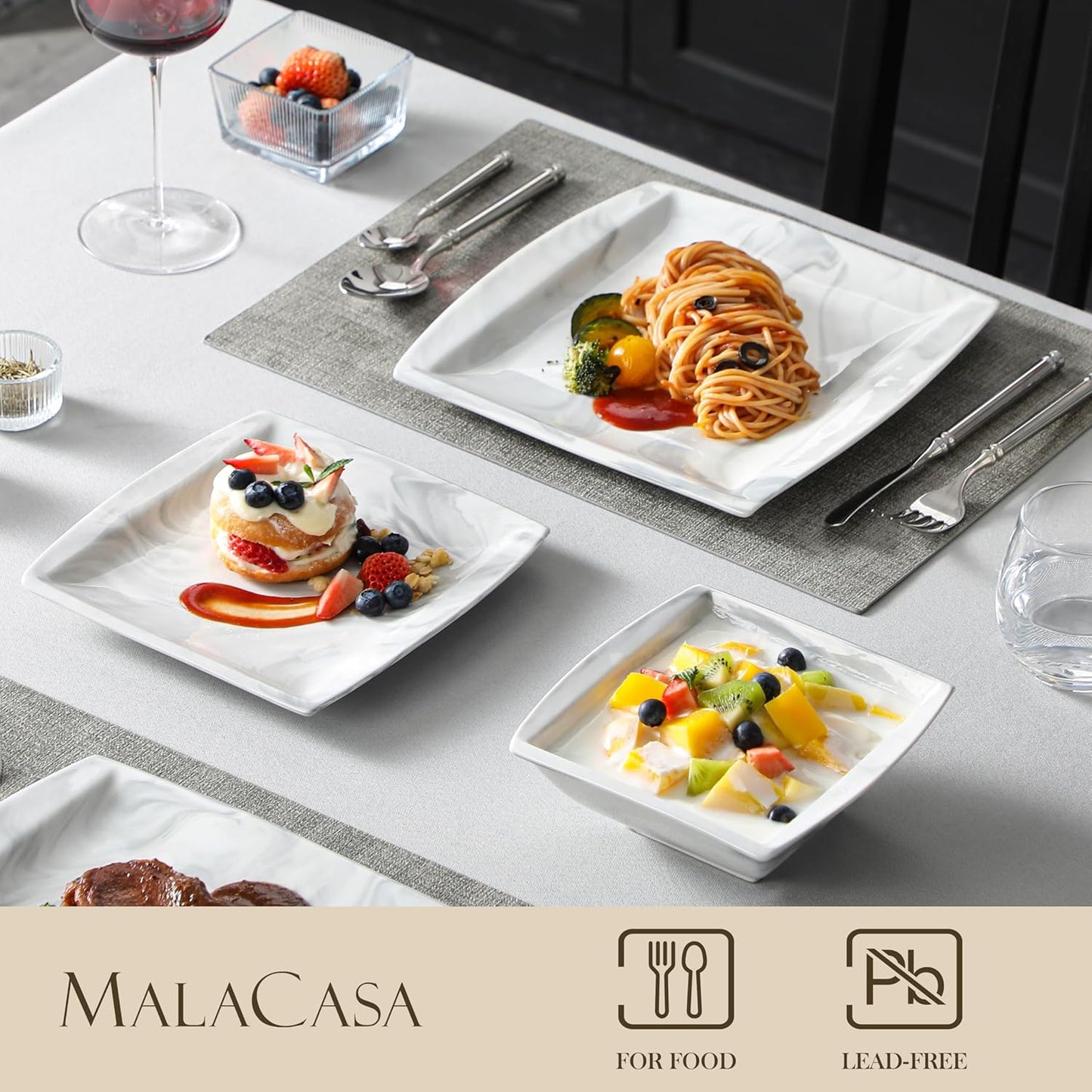 MALACASA Plates and Bowls Sets, 12-Piece Porcelain Dinnerware Sets for 4, Square Plates and Bowls for Dessert, Salad and Soup, Ceramic Dishes Dining Dishware Set, Marble Grey, Series Blance