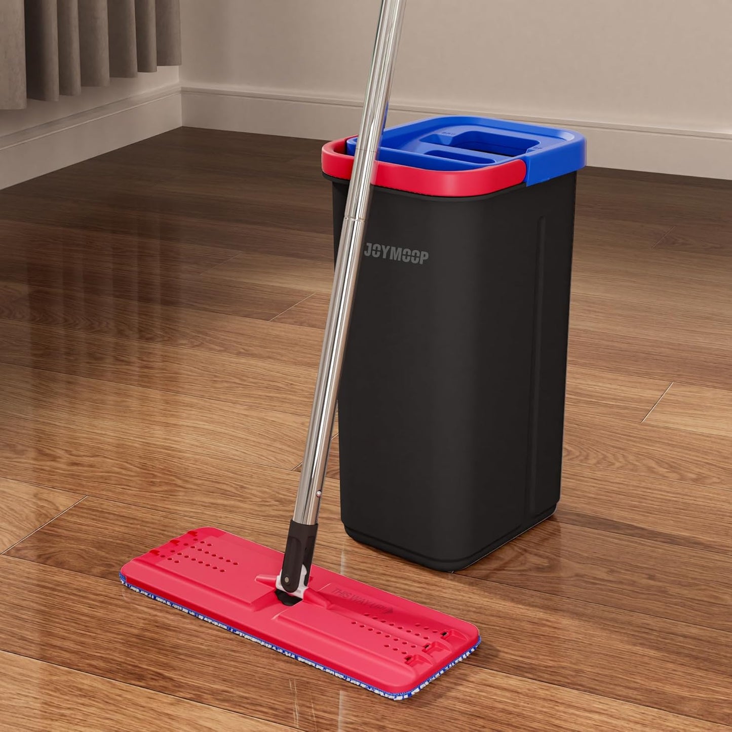 JOYMOOP Mop and Bucket Set for Home, Hands-Free Self-Cleaning System, with 5 Reusable Microfiber Mop Pads, Suitable for Floor Cleaning and Wall Cleaner - Black+Red+Slate Blue