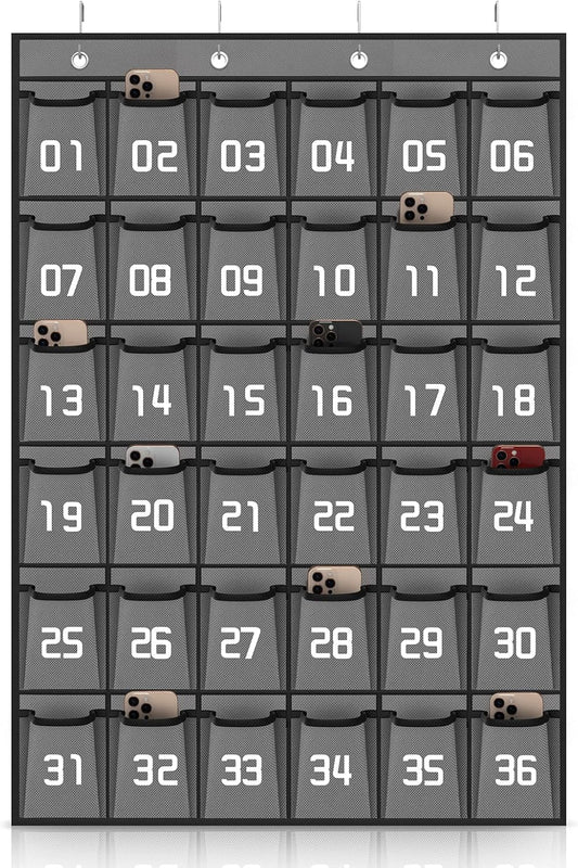 Loghot Classroom Accessories Closet Pocket Chart for Cell Phones Holder Wall Door Hanging Organizer (36 Pockets Gray)