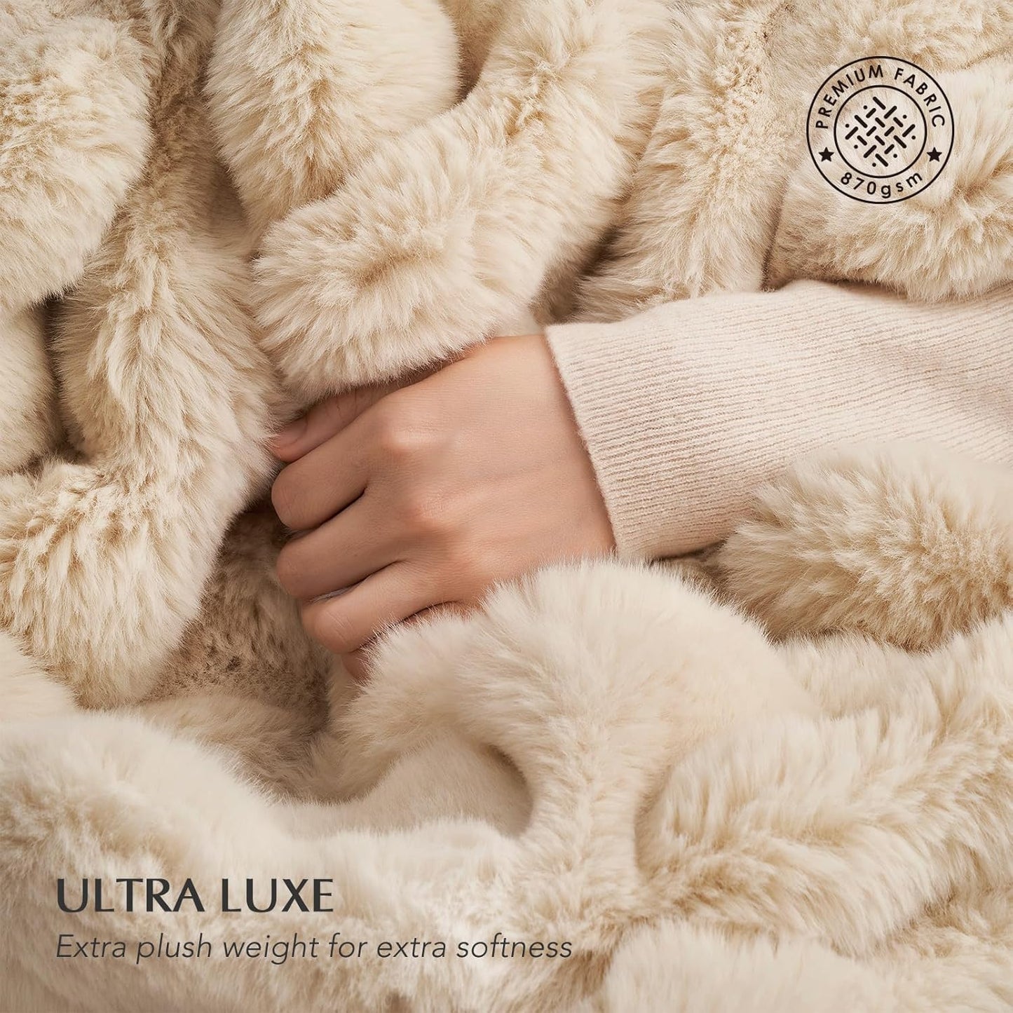 EVERGRACE Ultra Soft Luxury Fluffy Ridgeline Faux Rabbit Fur Throw Blanket, Thick Warm Bubble Throw for Bed, Cozy Plush Reversible Blankets for Couch, Chair, Sofa, Cream, 60x80 Inches, 870 GSM