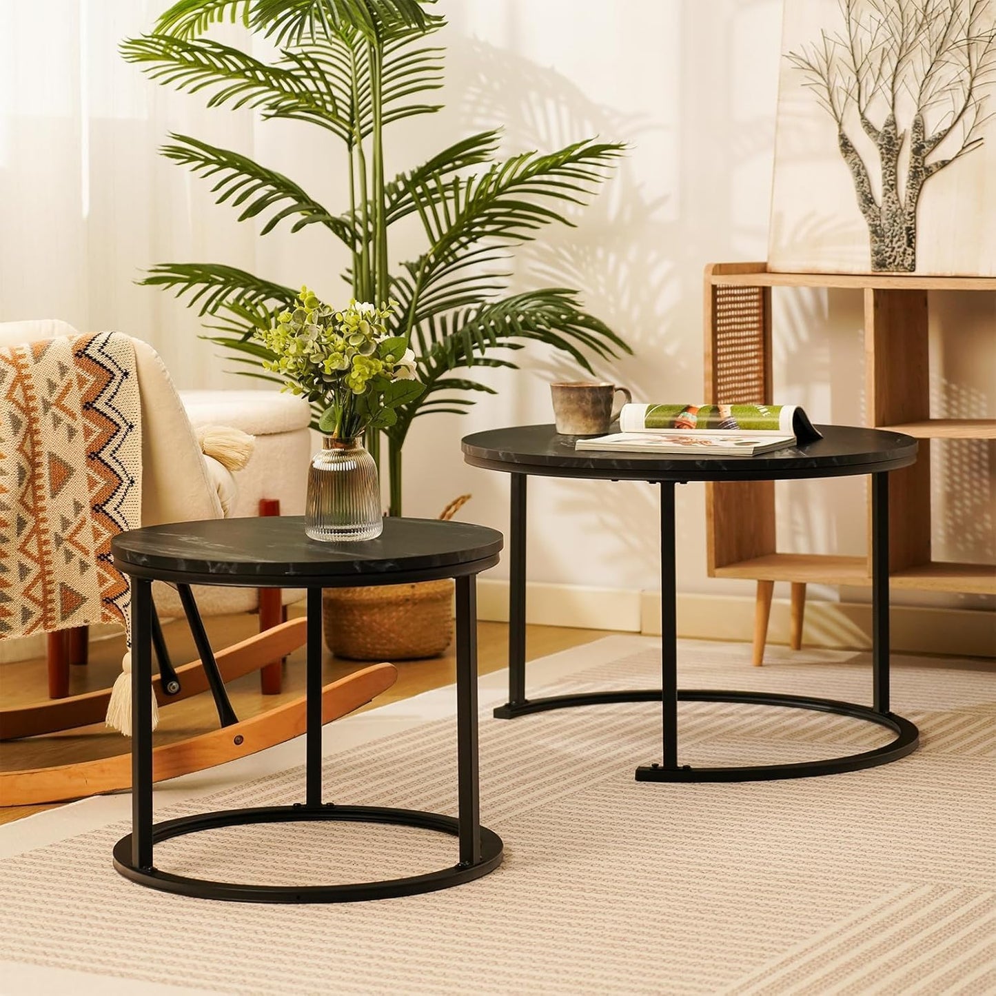 Round Modern Nesting Coffee Table Set of 2,Waterproof Faux Marble Wood Top & Metal Frame and Easy Assembly for Living Room,Office,Balcony (Black+Black