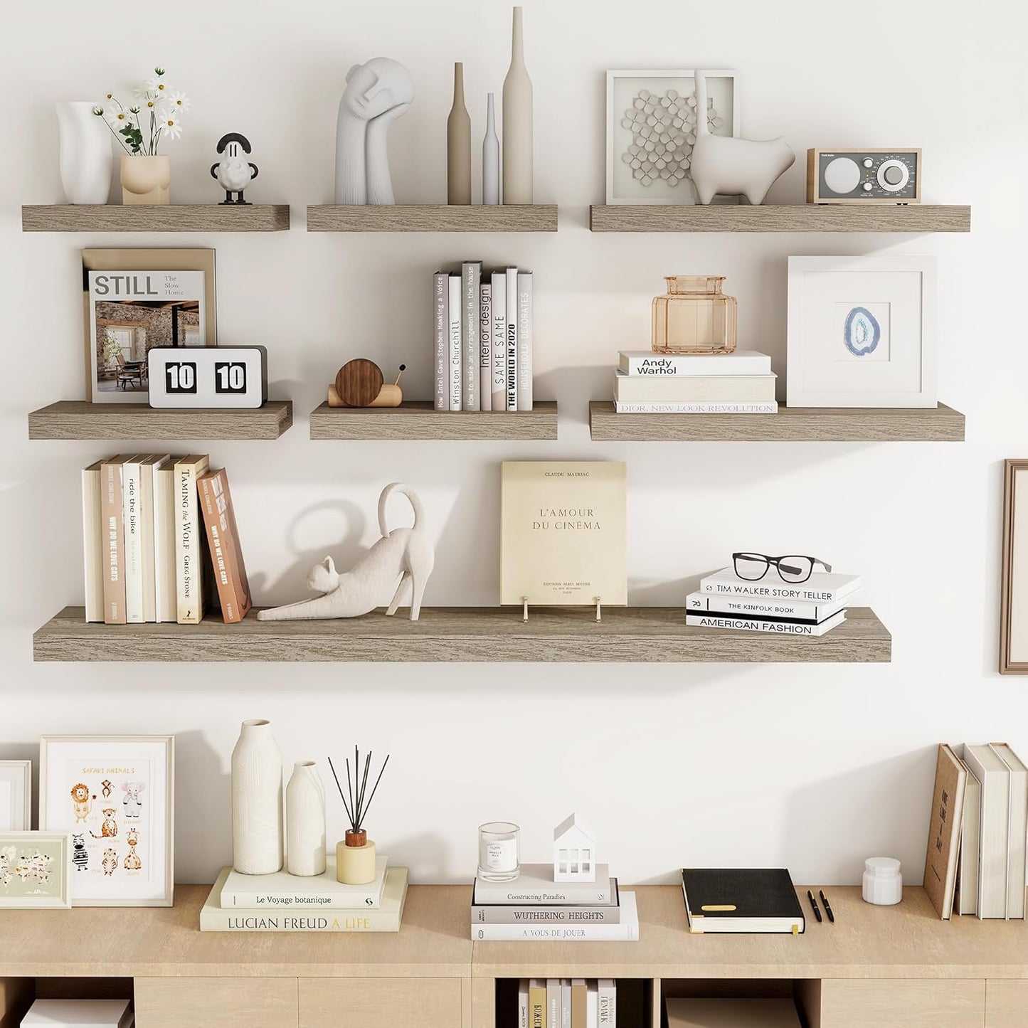 16 Inch Floating Shelves, 3D Textured Wood Grain, 16"x9.25"x1.5" Inch Deep Floating Shelves for Wall, Wooden Shelves for Bathroom, Bedroom, Living Room, Vintage Gray Oak