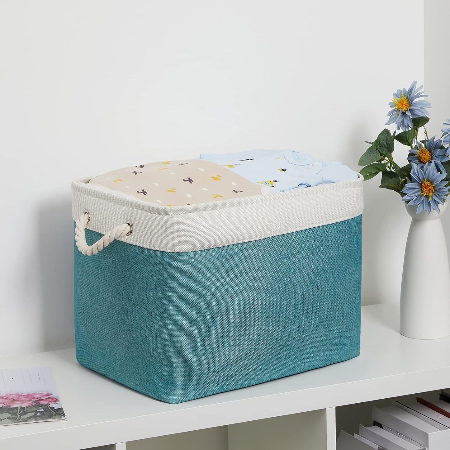 Bidtakay Foldable Storage Bins Set of 2 Tall Cloth Baskets 16" X 11.8" X 11.8" Decorative Organizers for Linen Closet (White & Teal)