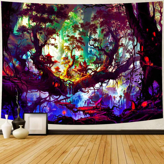 Delur Fantasy Forest Tapestry Mystical Landscape Magical Enchanted Forest Tree Nature Tapestry Psychedelic Wall Hanging Headboard for Bedroom Living Room Home Decor (51.2" x 59.1")