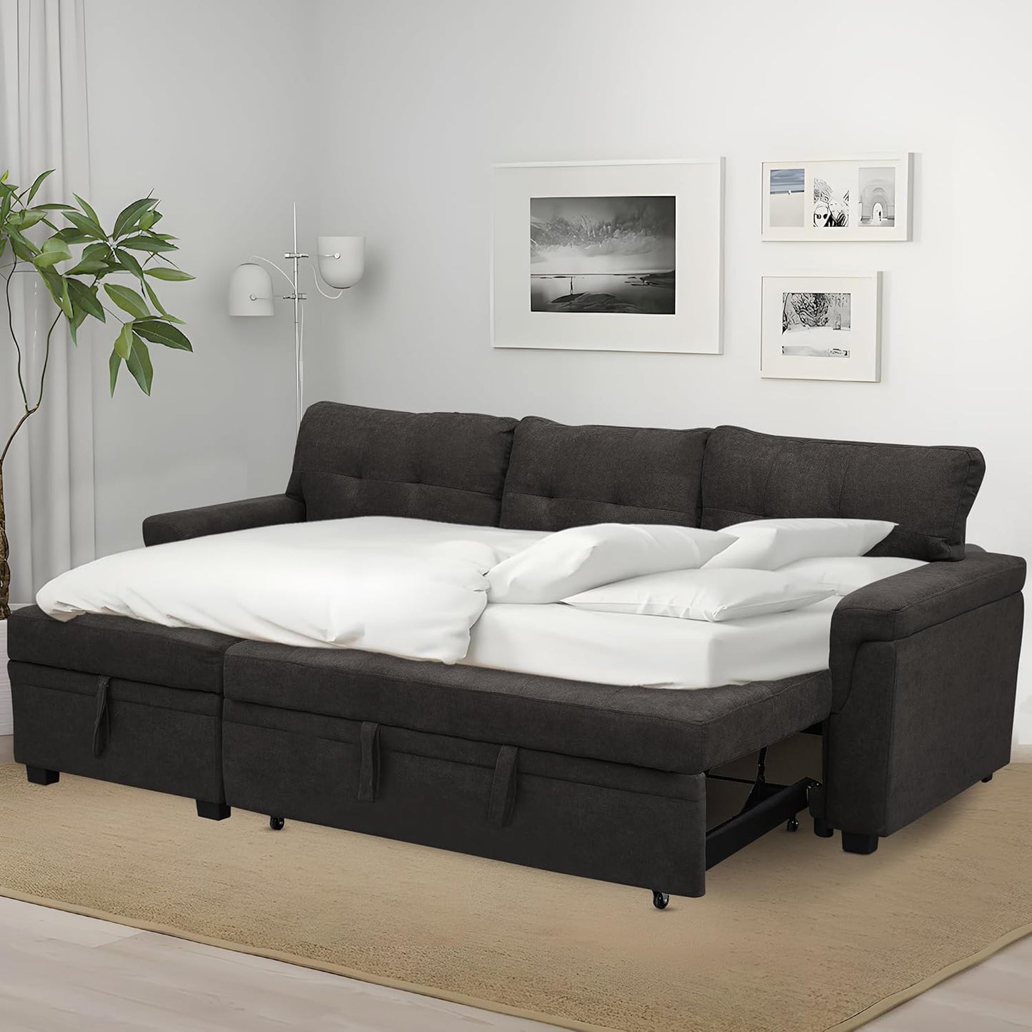 Naomi Home Transform Any Space: Sleeper Sectional Sofa with Convertible Sofa Bed & Inviting Chaise. Find Tranquil Comfort with Stress-Relieving Design & Durable Cushions - Espresso/Velvet