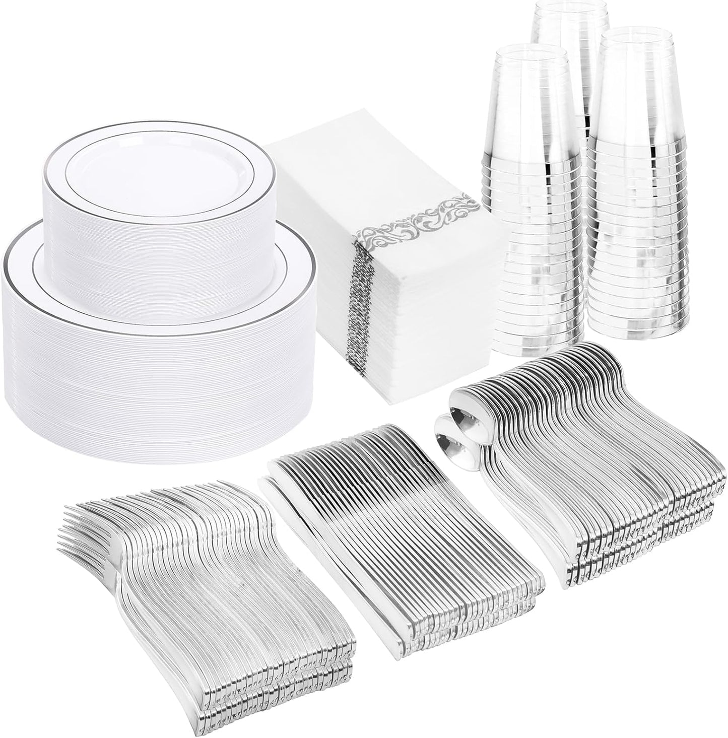350 Pcs Silver Plastic Plates - Silver Dinnerware Set of 50 Dinner Plates 50 Dessert Plates 50 Silverware 50 Napkins 50 Cups for Party&Wedding