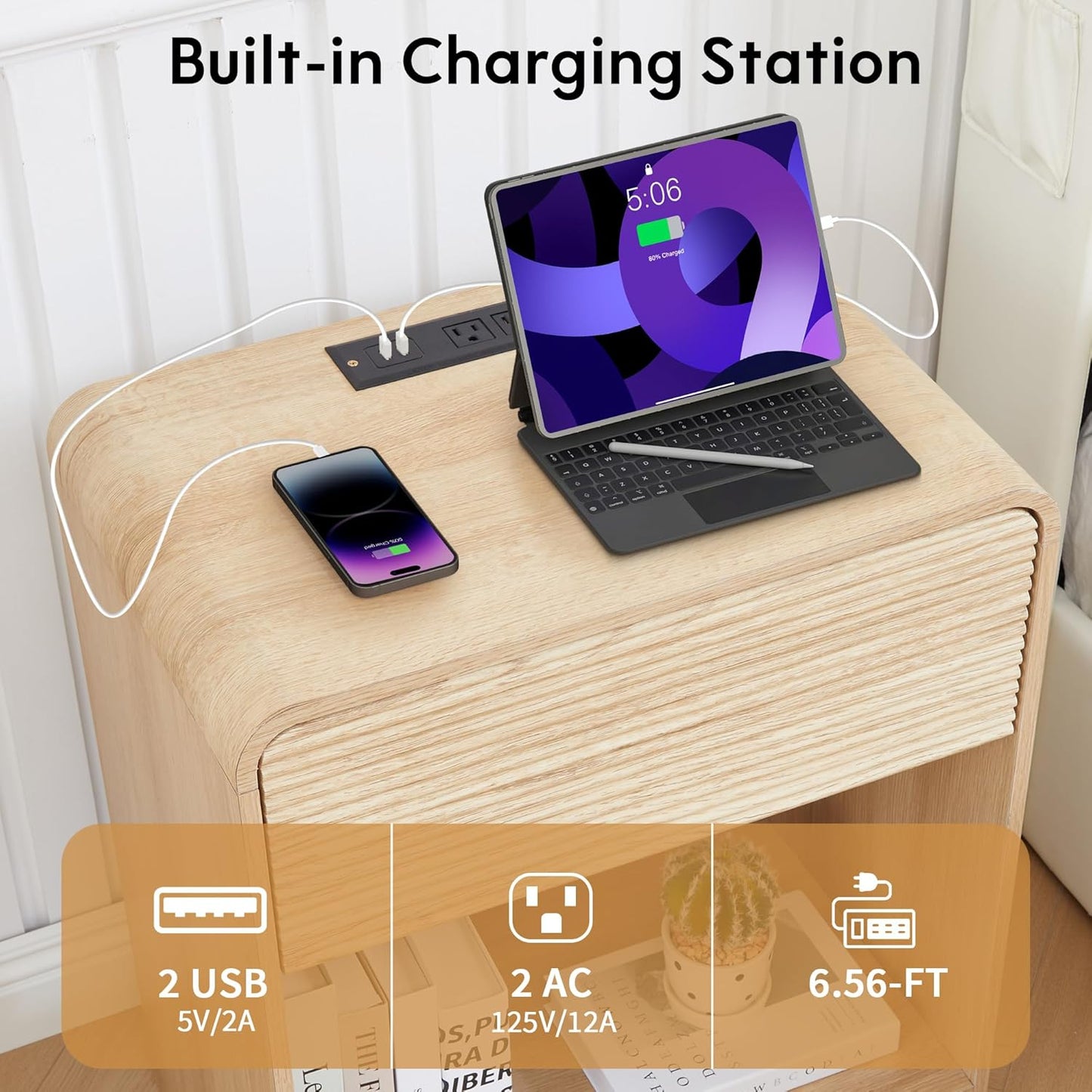 Fluted Nightstand with Charging Station, Mid Century Modern Bed Side Table End Table with Drawer Storage, Large Wooden Night Stands Bedside for Bedroom Living Room Sofa Office, Natural