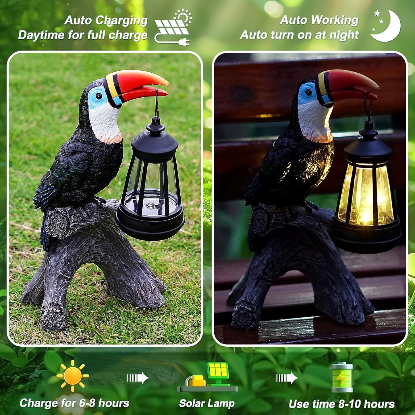 Toucan Garden Statues Decor, Solar Waterproof 9.5" Colorful Tropical Bird Sculpture with LED Lights Funny Garden Outdoor Exotic Bird Sculpture Decoration for Lawn Porch Yard Patio Tiki Bar