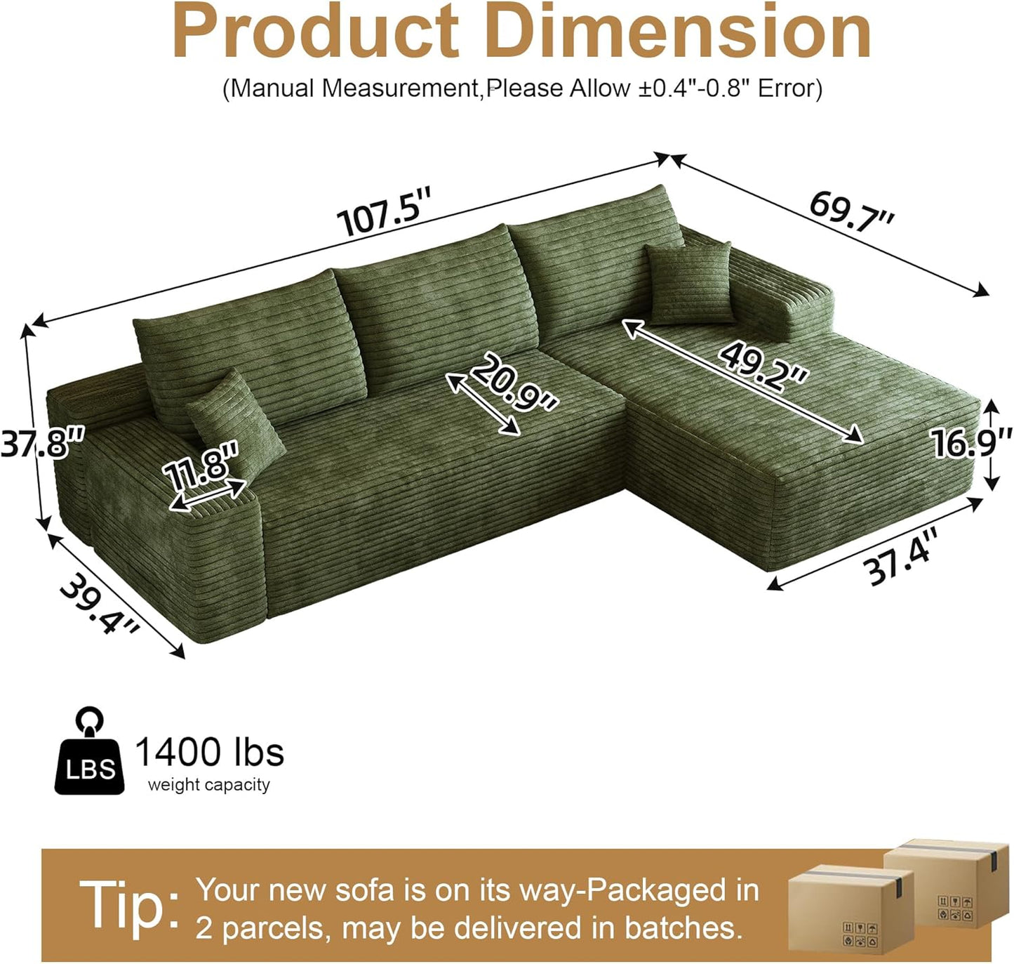 108" Sectional Couches for Living Room Modern Modular Sofa with L-Shape Couchs Upholstered Boneless Couch Deep Seat Sectional Couch with Chaise (Green, Right Facing Chaise+2Seaters)