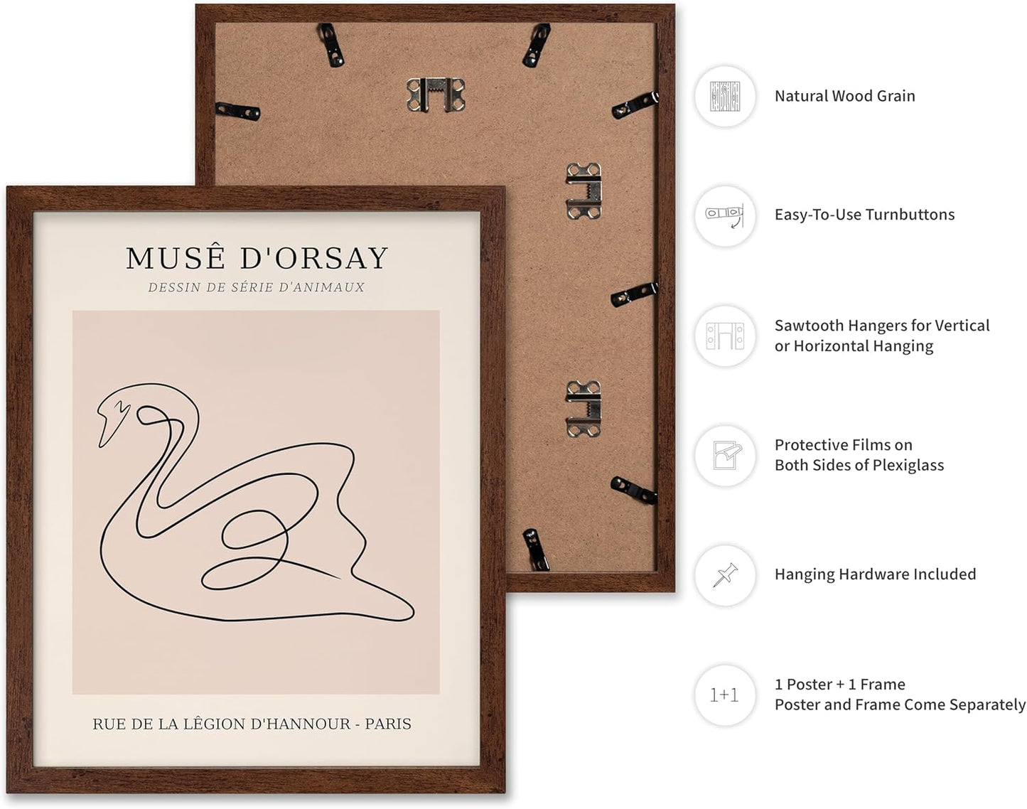 Poster Master Vintage Poster - Retro One Line Swan Drawing Print - Swan Art - Bird Art - Minimal Gift for Her, Animal Lover - Abstract Decor for Home, Office, Bedroom, 11x14 Brown Framed