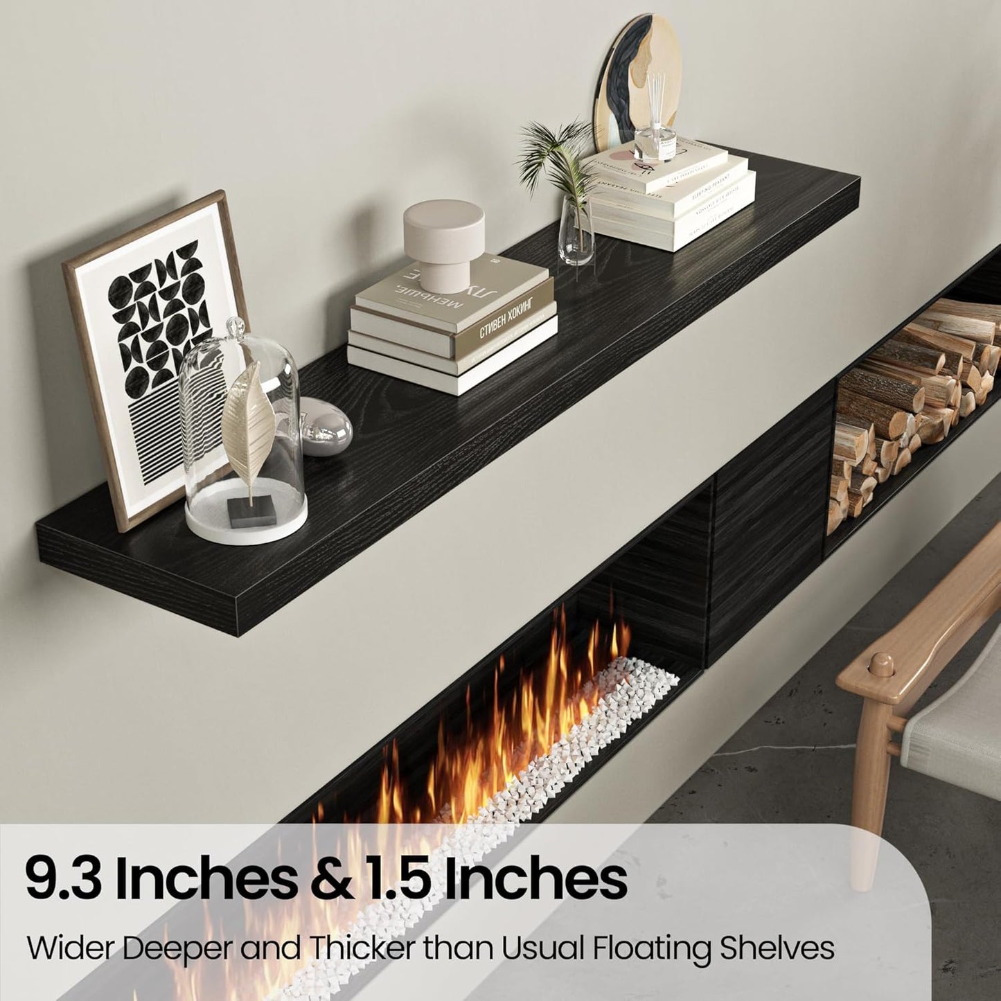 Floating Shelves for Wall, 55"W x 9.3"D x 1.5"H, Long Wooden Wall Mounted Display Shelves with Invisible Brackets for Living Room, Bedroom, Bathroom, Kitchen Decor and Storage, Set of 1, Black